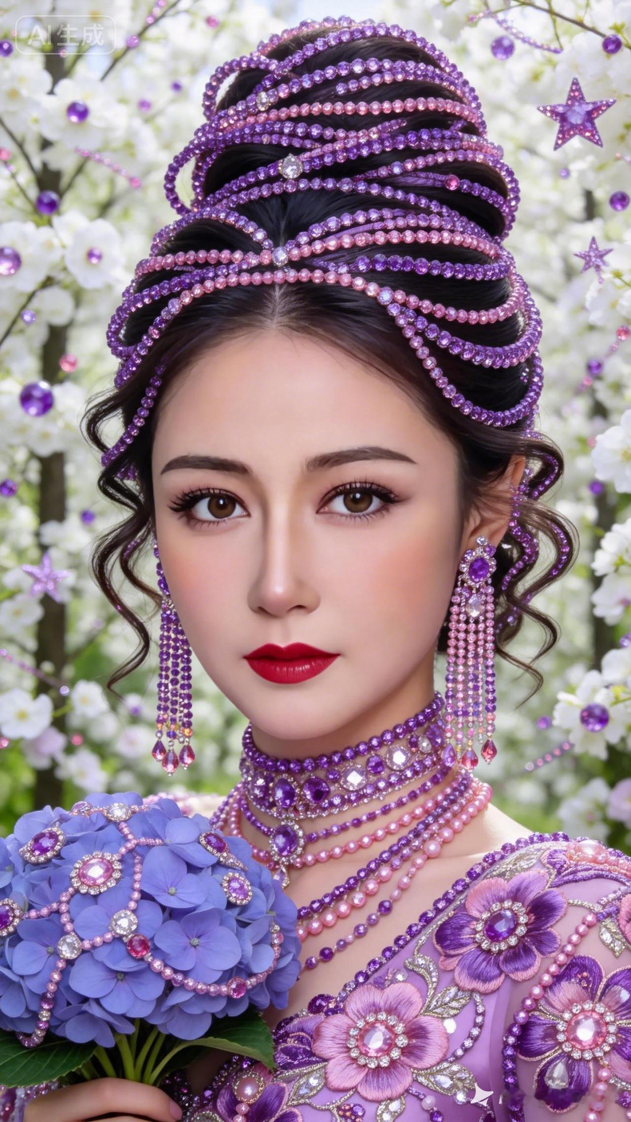 梦幻紫色花海中的仙女，手持蓝色绣球，珠宝闪耀，美不胜收！