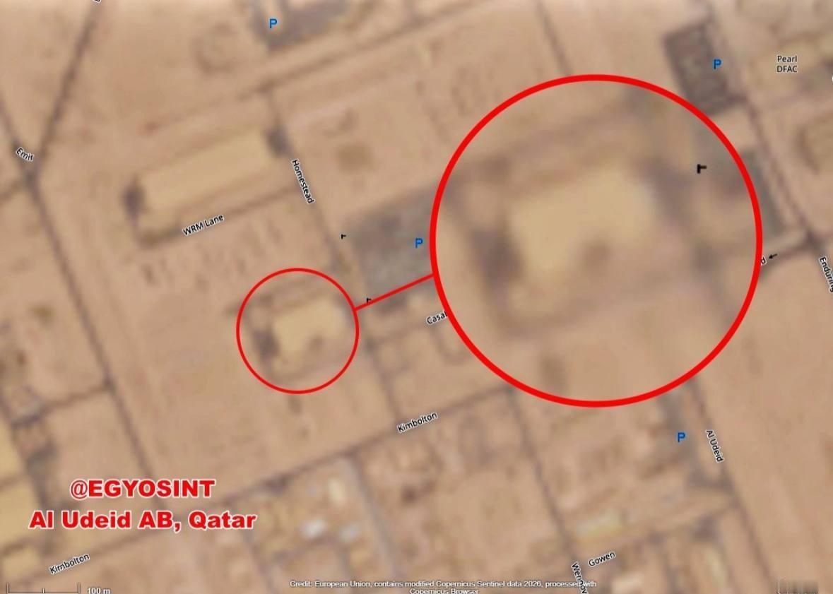 🇮🇷🇶🇦卡塔尔乌代德空军基地确定今天被命中三次，其中一发确定命中机库烽火