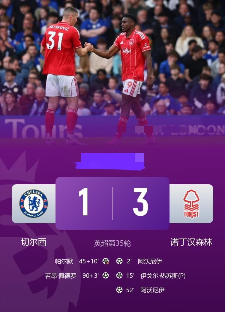 英超 切尔西1-3森林 6连败，18岁德里造点+头部重伤 帕尔默失点，阿沃尼伊双