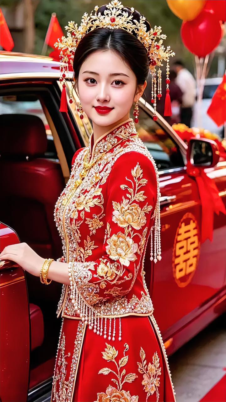 一袭红金秀禾衬尽东方温婉，凤冠垂落珠链摇曳温柔。身侧婚车贴着喜字，满目红火皆是奔