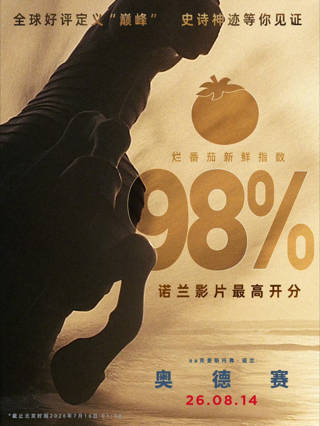 《奥德赛》海外开分烂番茄新鲜度98%，为诺兰影片最高开分。 