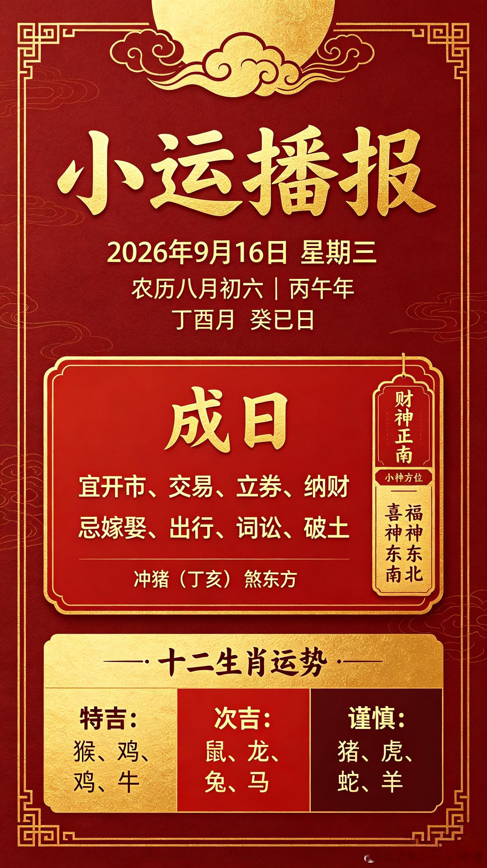 📢小运播报公历：2026年9月16日，星期三农历：八月初六｜丙午年 丁酉月 癸
