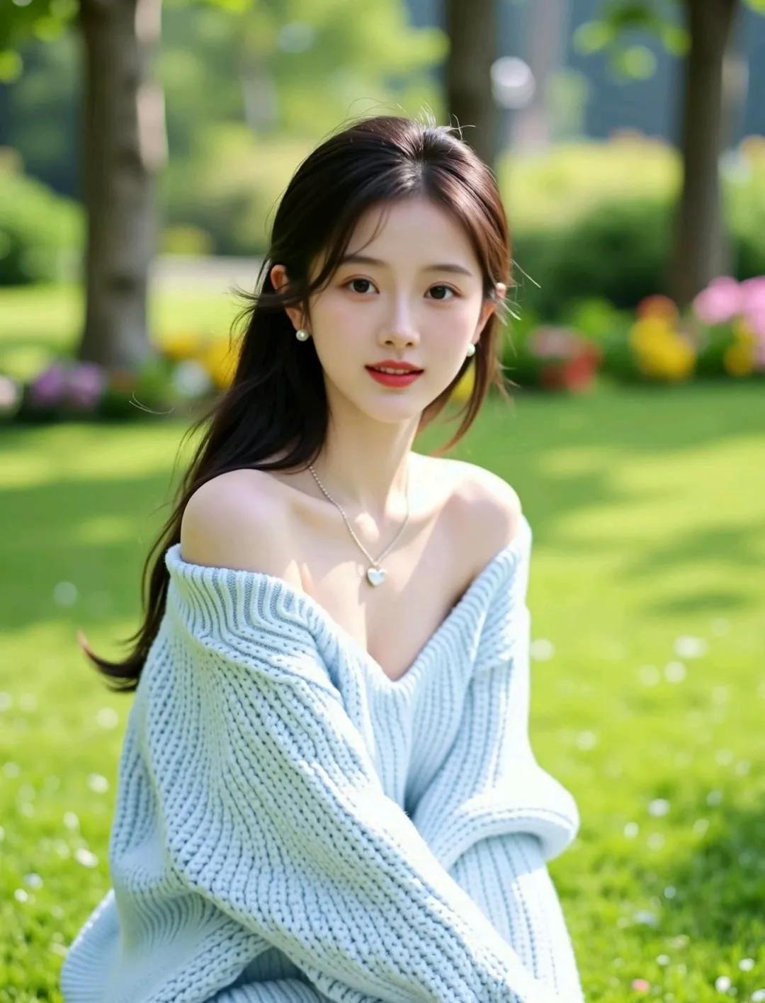 阳光下的温柔少女，蓝白相间的毛衣，甜美笑容，自然清新。