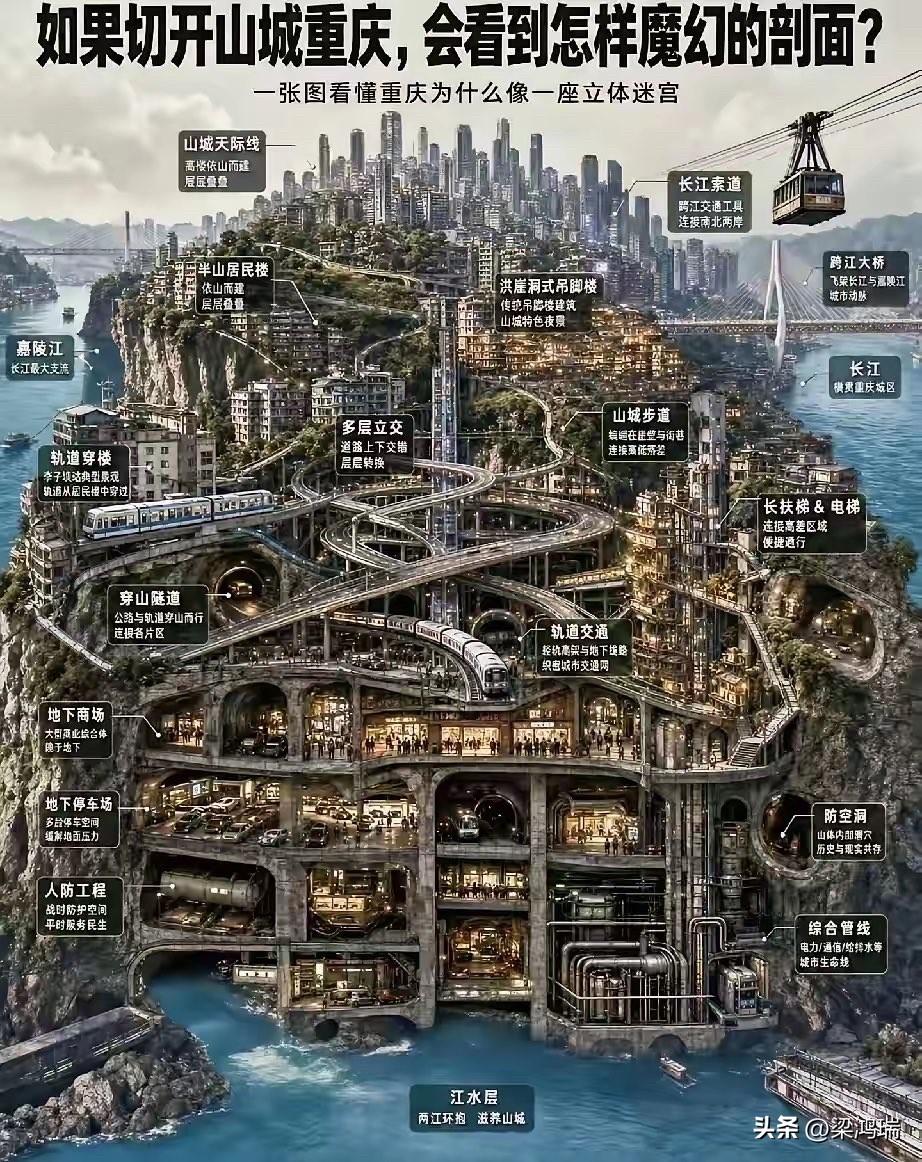 这张信息图生动地展示了山城重庆被称为“立体迷宫”的魔幻城市结构。

为了方便您快