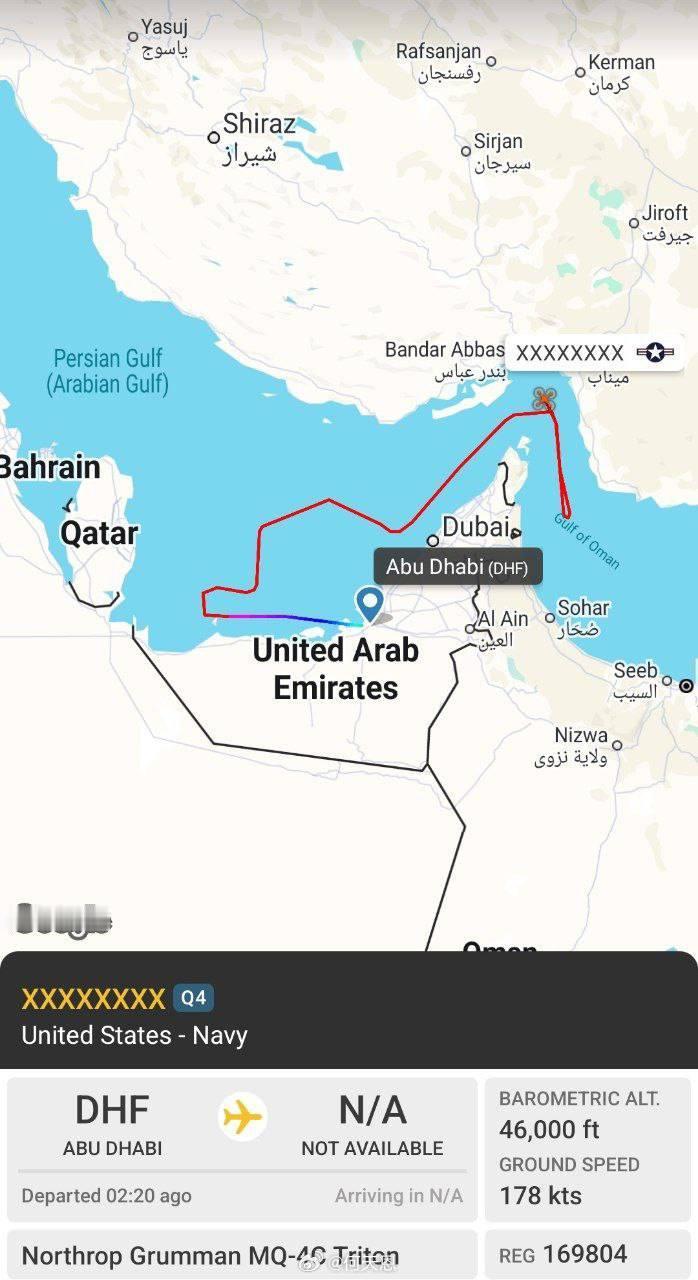 一架美国 MQ-4C“提坦”无人机正在霍尔木兹海峡及波斯湾上空执行任务，美军的加