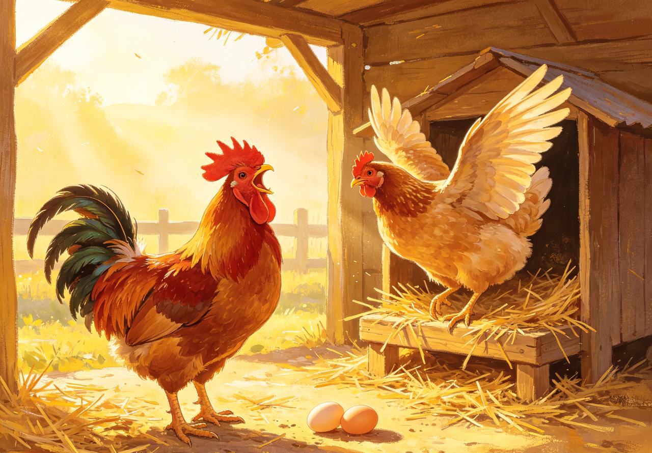 公鸡报晓喔喔啼，
母鸡闻声匆匆起。
赶早贪黑拼命干，
本生一蛋生两蛋。