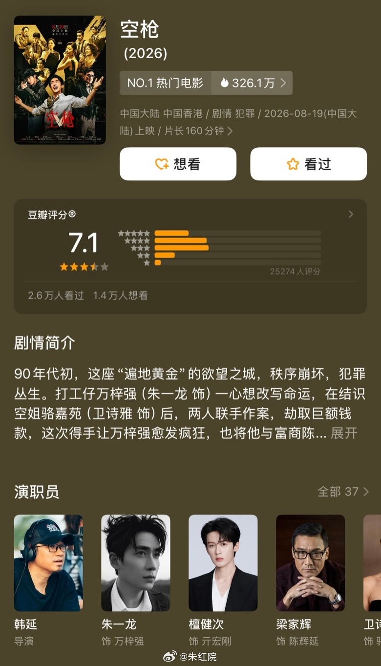 朱一龙、檀健次《空枪》豆瓣开分7.1 