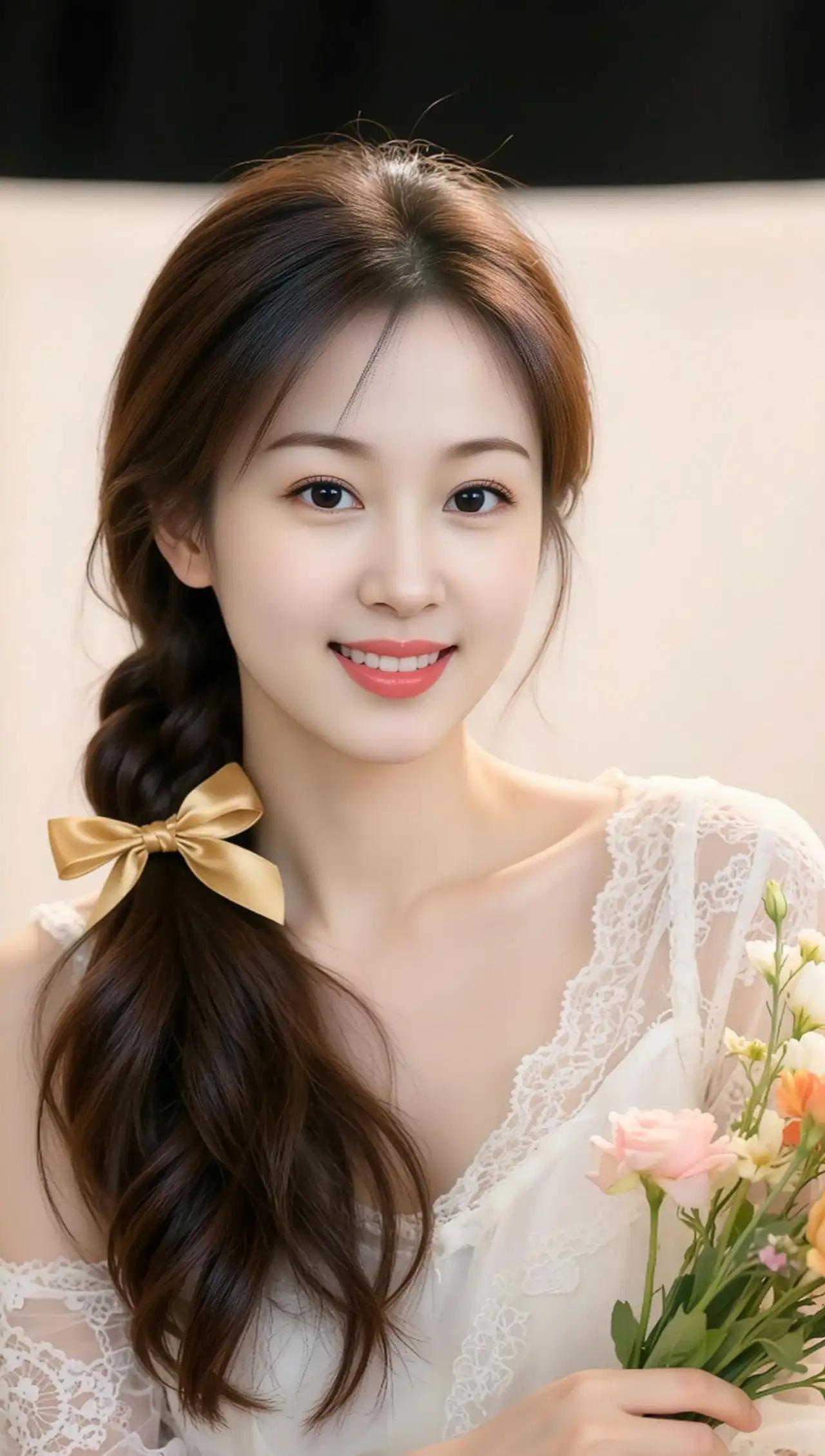温柔甜美的少女，手持鲜花，微笑如花绽放。🍀🌺🌹