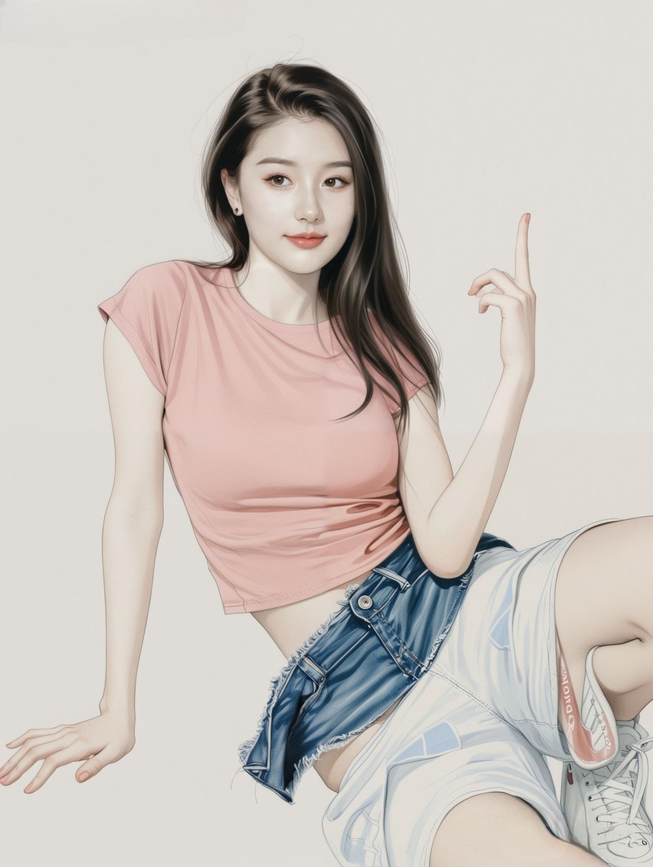 一个女孩摆着可爱的姿势，穿着粉色上衣和牛仔裤。