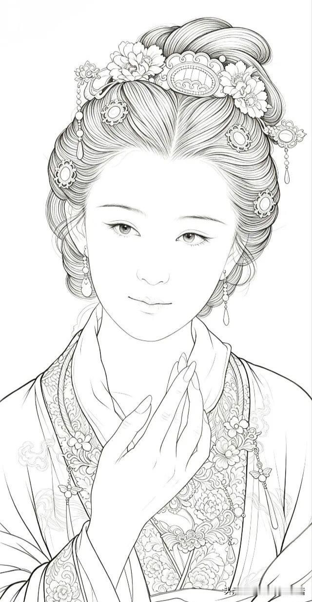 仕女白描勾线图