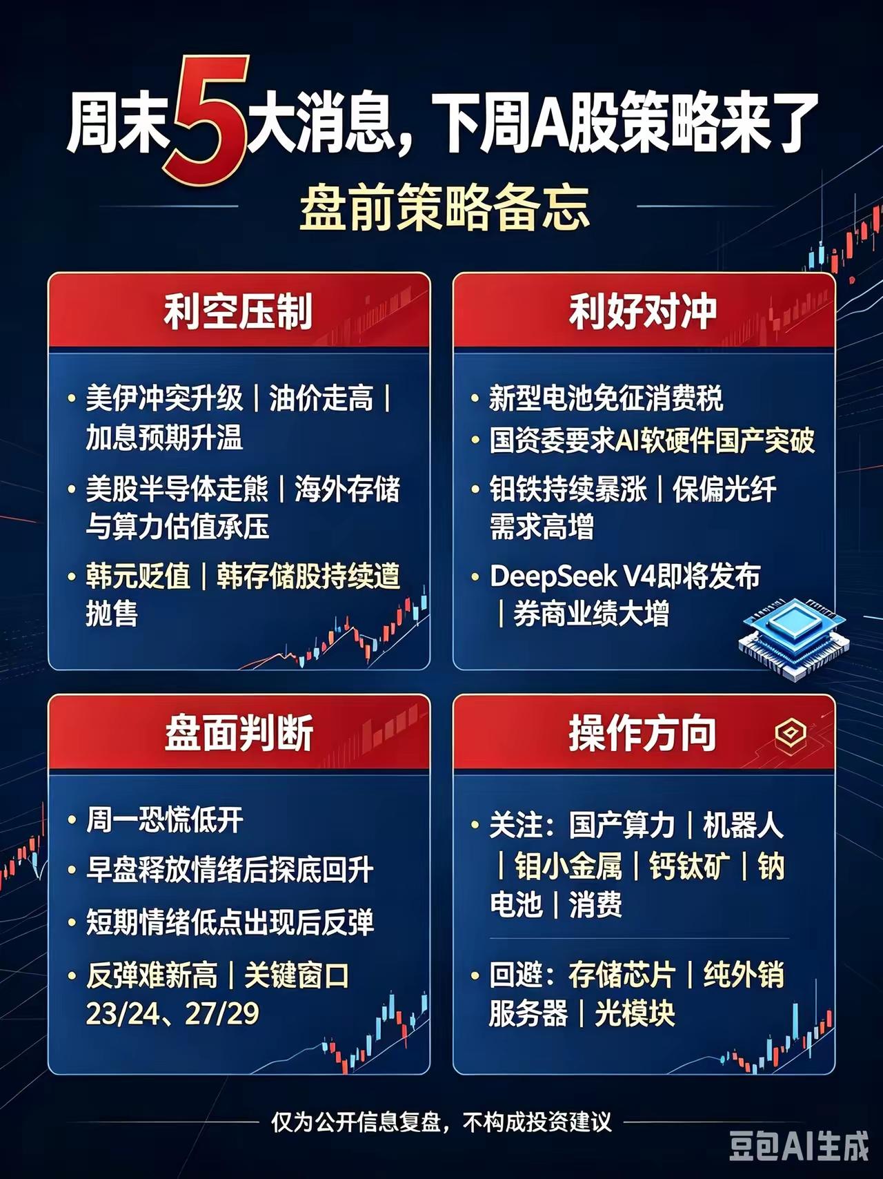 周末五大消息多空分化，下周A股完整操作策略一次性讲透
 
周末全球市场、产业政策