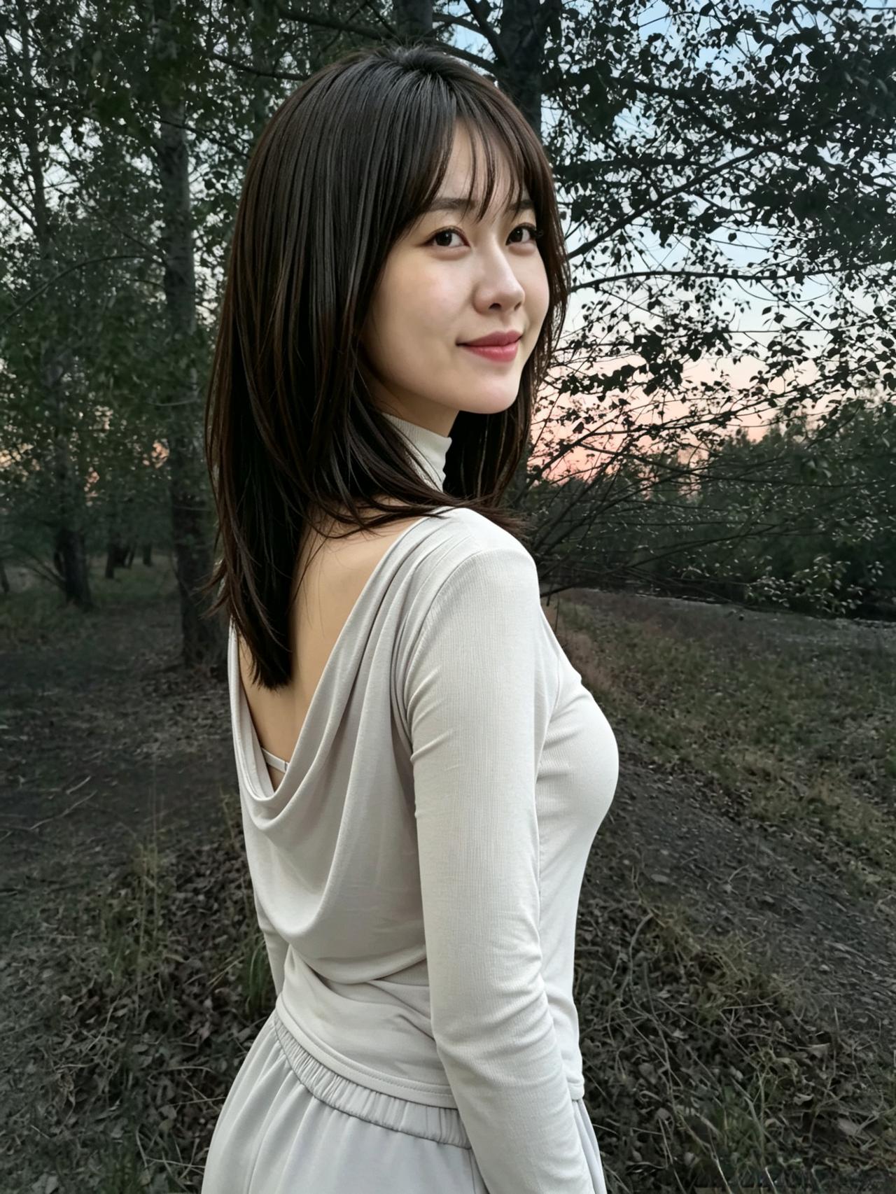落日染遍山野
风抚过发梢与眉弯
你立在暮色之间
 ～
眉眼藏着秋水温柔
身姿携着