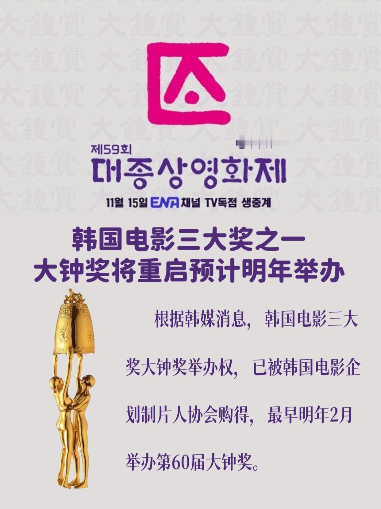 大钟奖将重启根据韩媒消息，韩国电影三大奖大钟奖举办权，已被韩国电影企划制片人协会