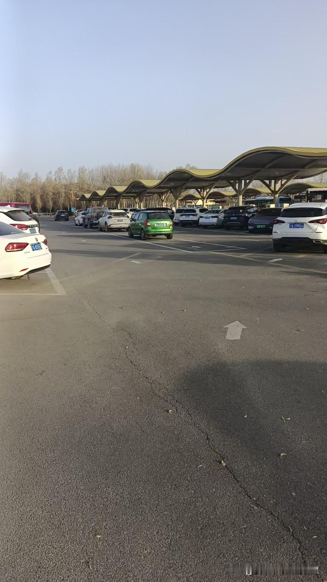 咱就说这停车场设计也太会了！这波浪顶篷跟公园里的观景台似的，比普通铁皮棚子好看一