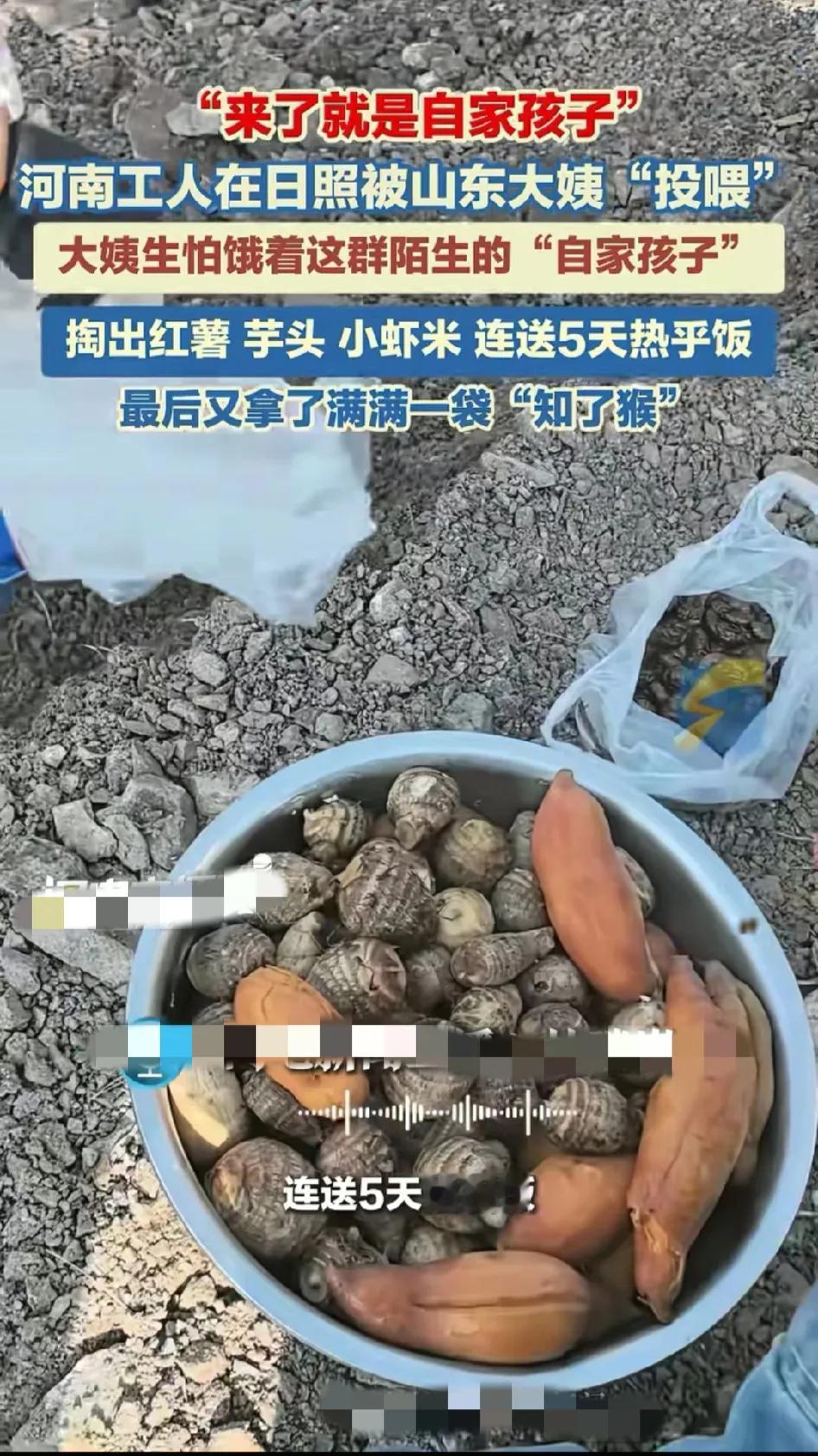 一河南网友发视频说
他和工友在山东日照五莲县的一处施工
当地的一位大娘接连五天