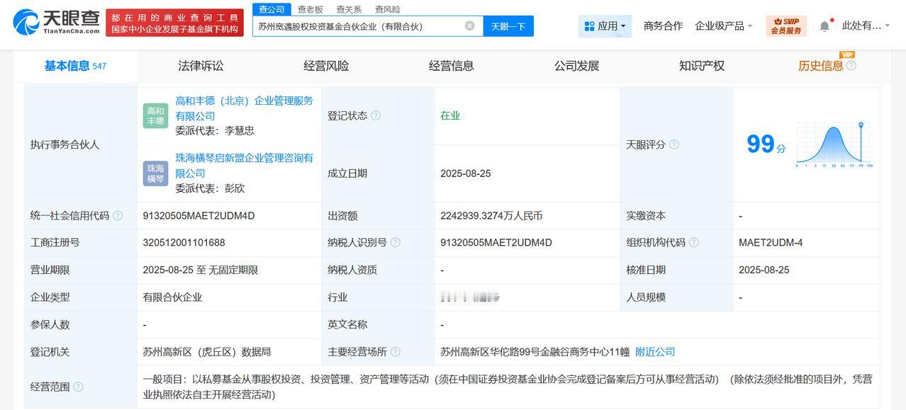 出资额约224.29亿
天眼查工商信息显示，近日，苏州宽遇股权投资基金合伙企业（