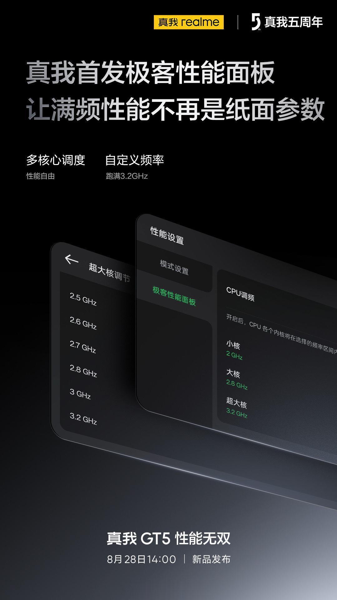 realme 在 GT5 上搞了个极客性能面板，可以自定义处理器频率，自由度这么
