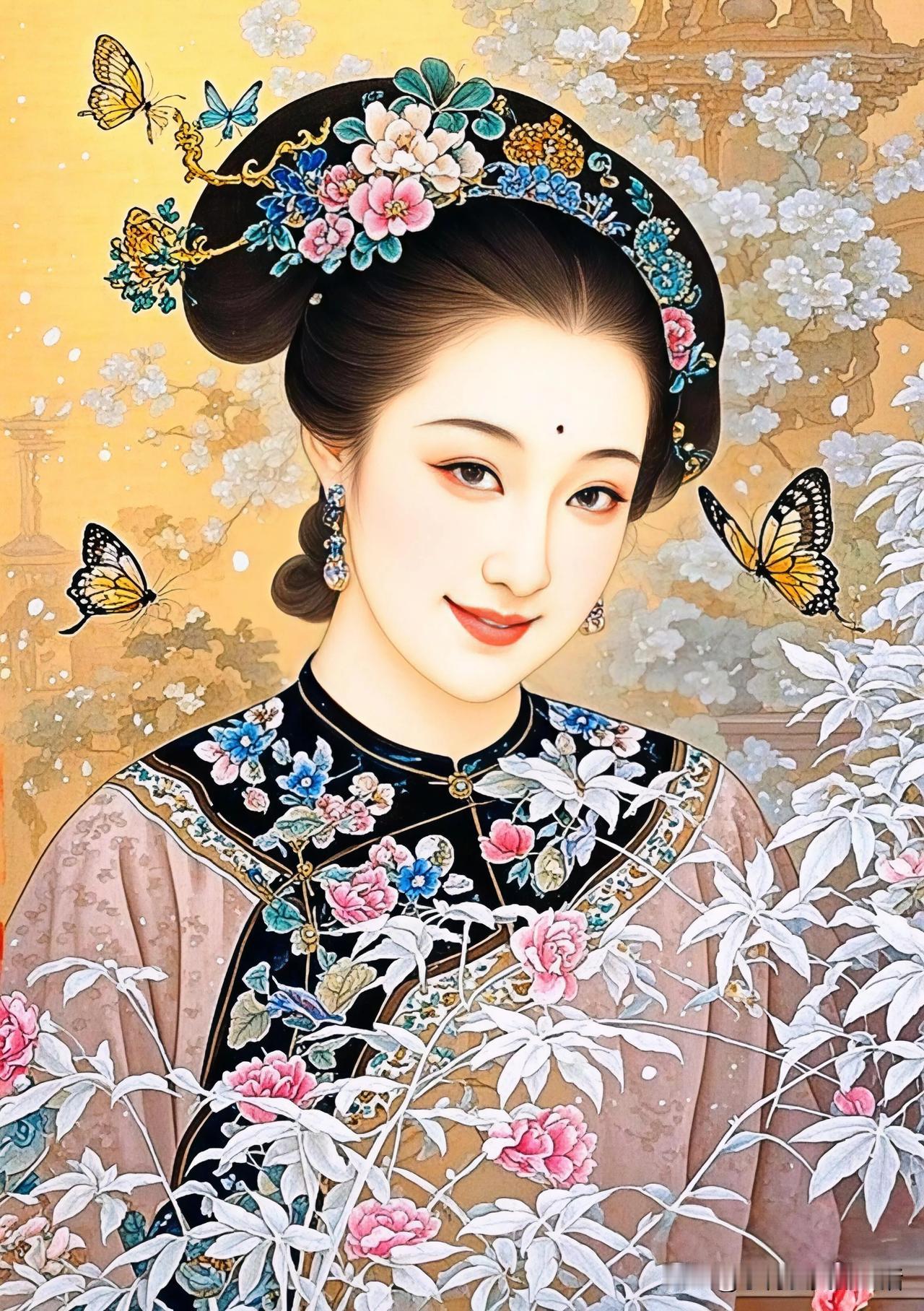 花间美人笑，蝴蝶舞翩翩。