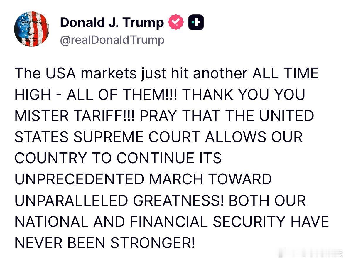 ‼️特朗普：“美国股市刚刚再次创下历史新高——全部指数！！！谢谢你，关税先生！！