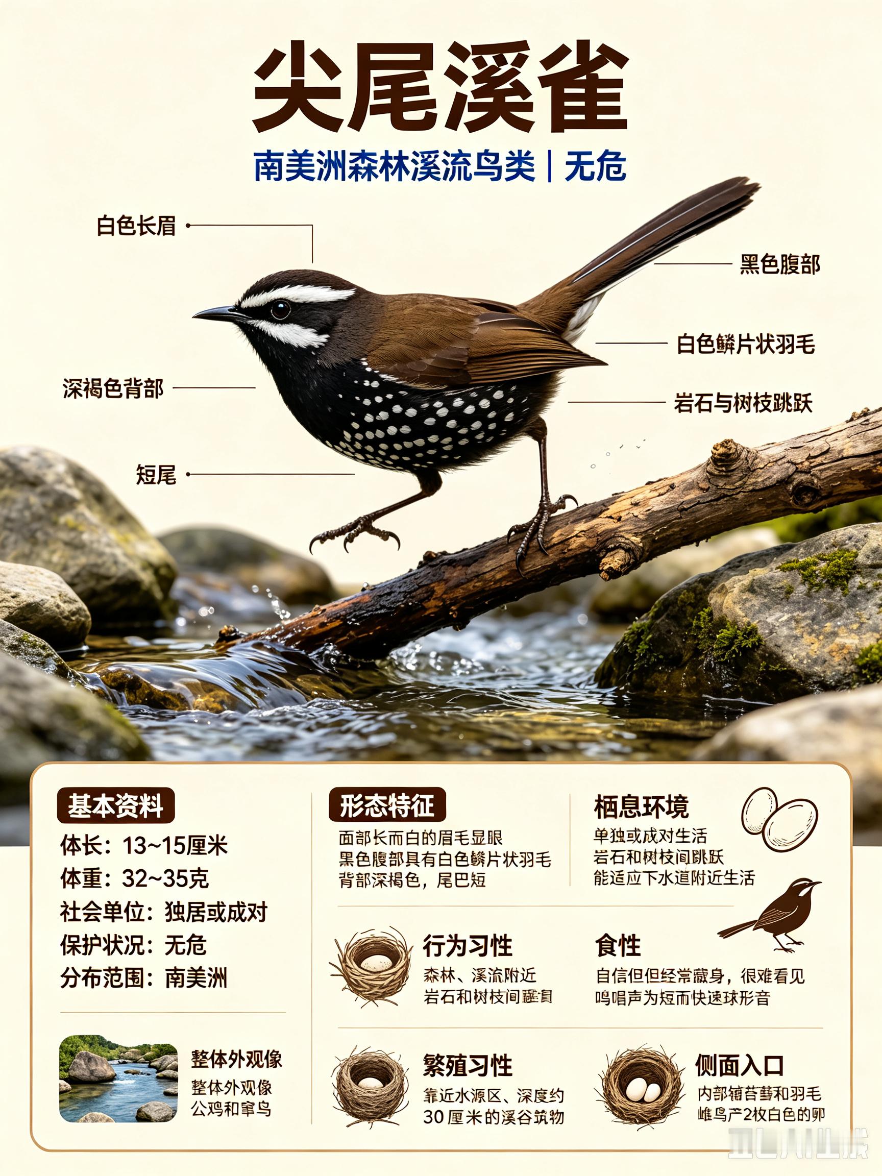 鸟类朋友图鉴 尖尾溪雀体长：13~15 厘米体重：32~35 克社会单位：独居或