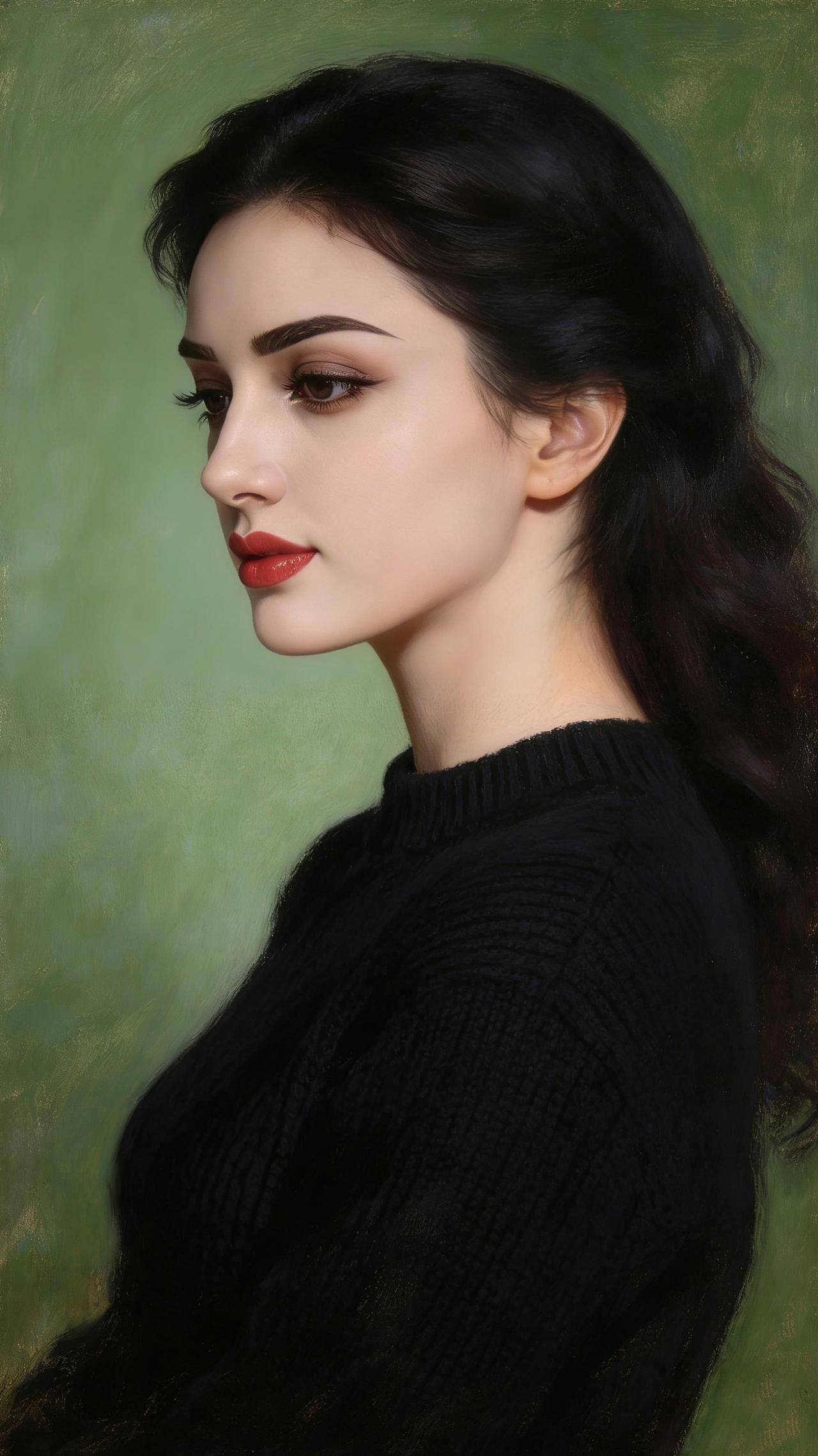 九帧同绘侧颜仙！乌发如绸垂落，眸藏星辰眼含情，红唇似焰映雪肌。黑毛衣衬温婉，绿调