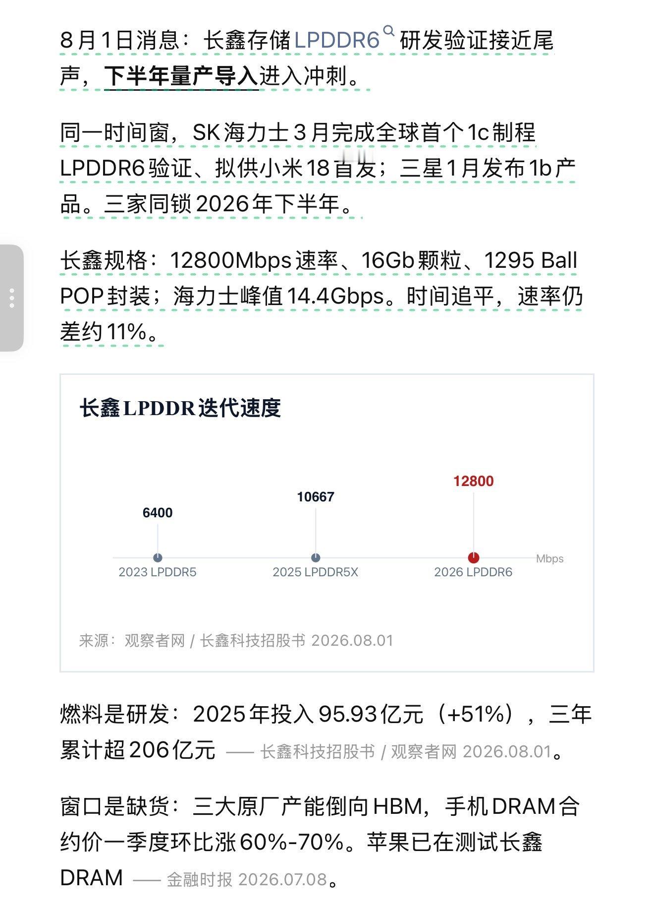 长鑫存储的lpddr6研发几乎完成，下半年就开始量产。御三家仅剩HBM这一块自留