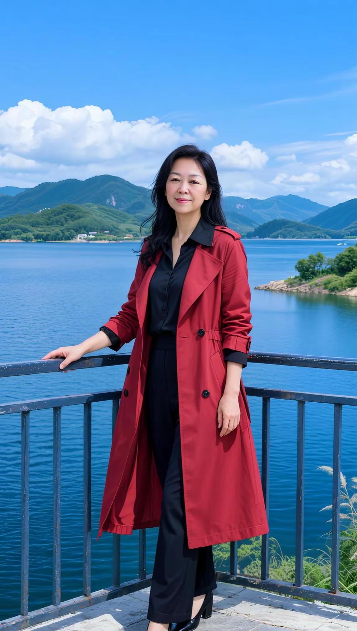 AI湖畔风衣照 ai创作 穿出你的时尚你的感觉