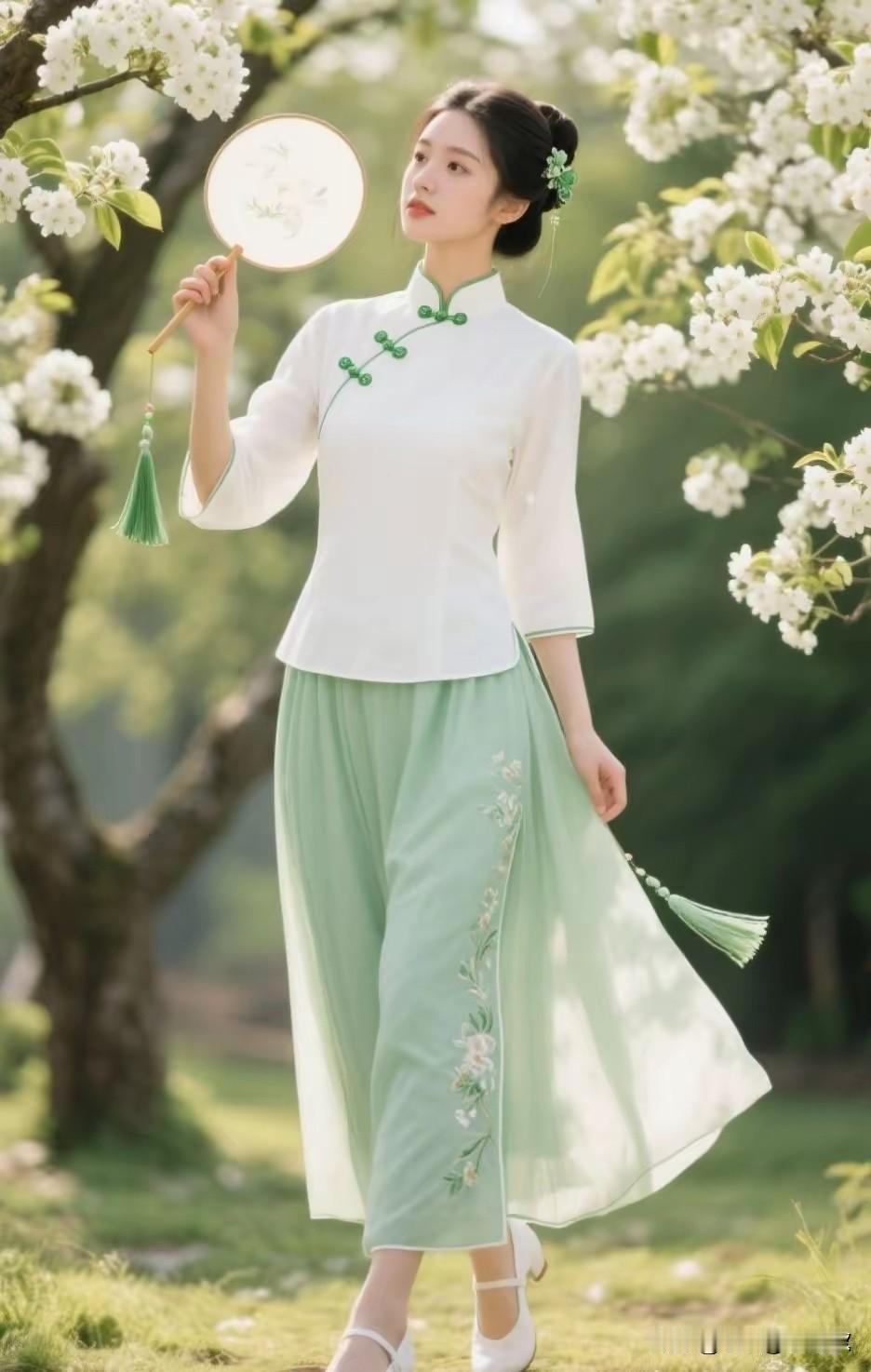 忽如一夜春风来 
千树万树梨花开。
清纯小妹在树下，
花香四溢盈心怀。