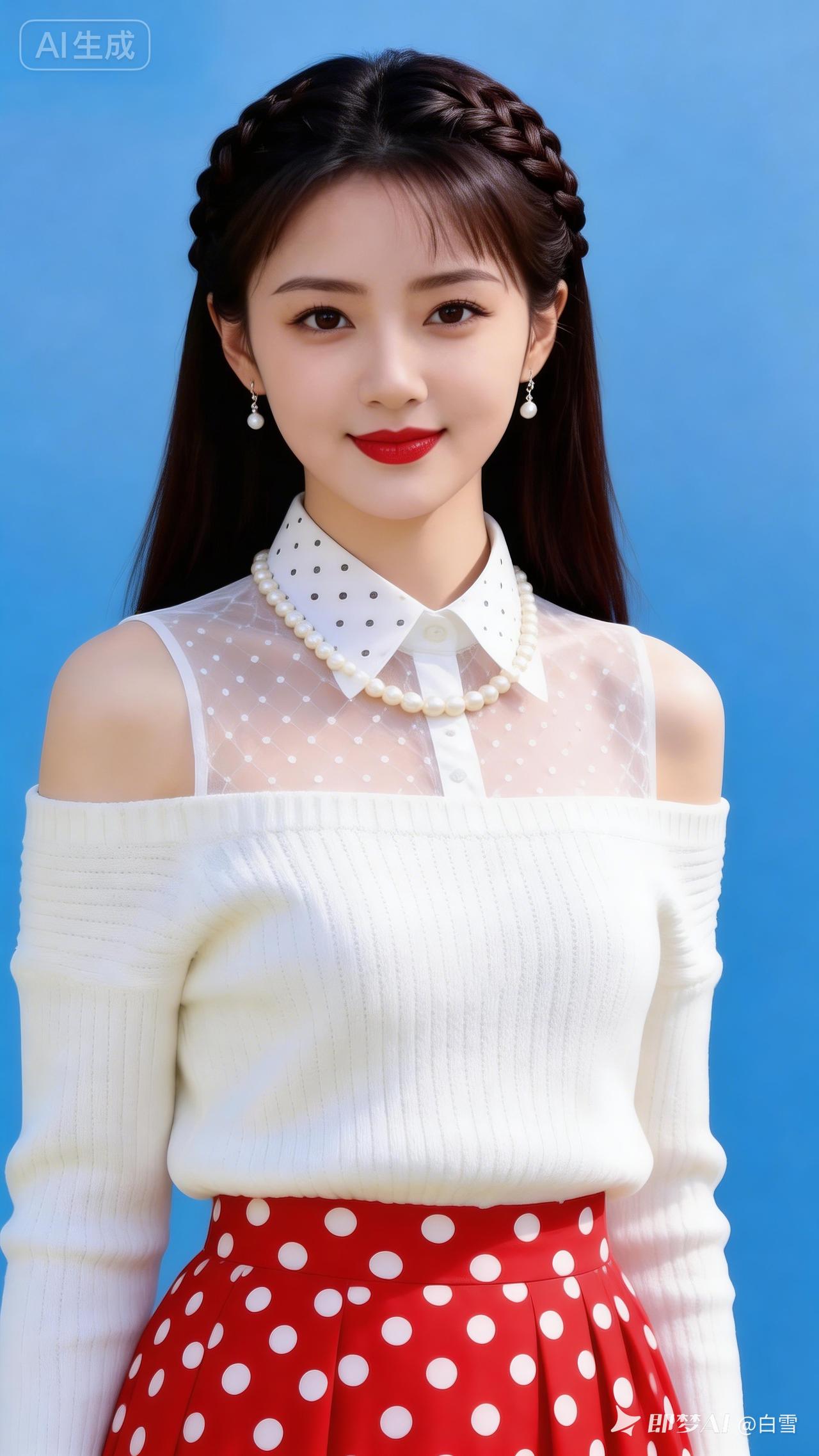 白色毛衣搭配红点裙，白色毛衣干净纯粹，自带清新感，而红点裙活泼俏皮，给整体造型添