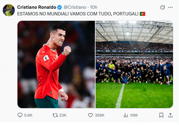 C罗：我们晋级世界杯啦！葡萄牙，全力以赴冲呀！ 