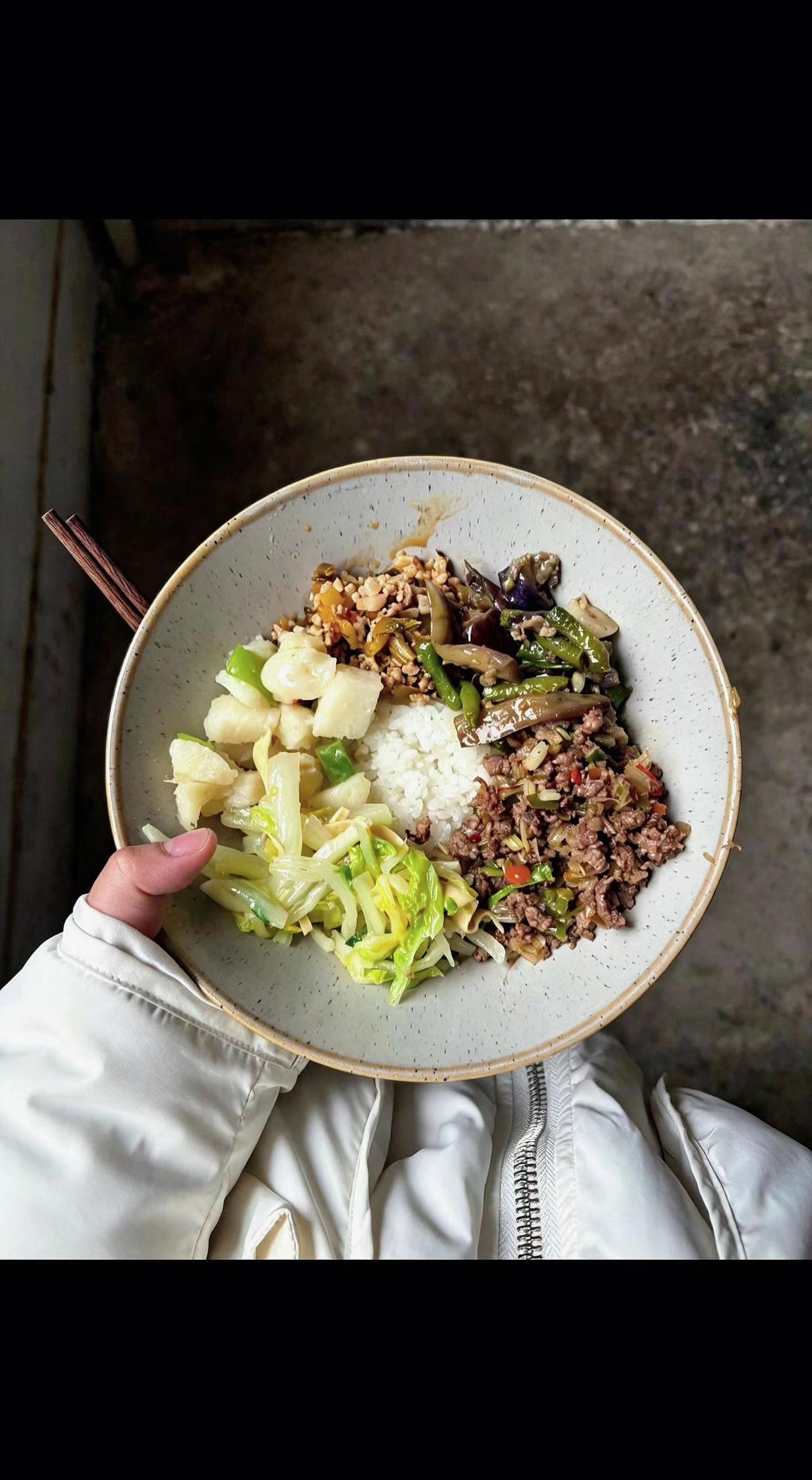 🍚这碗饭藏着烟火气！肉末茄子是温柔陷阱，米饭是治愈的云朵☁️。平凡日子，也能嚼