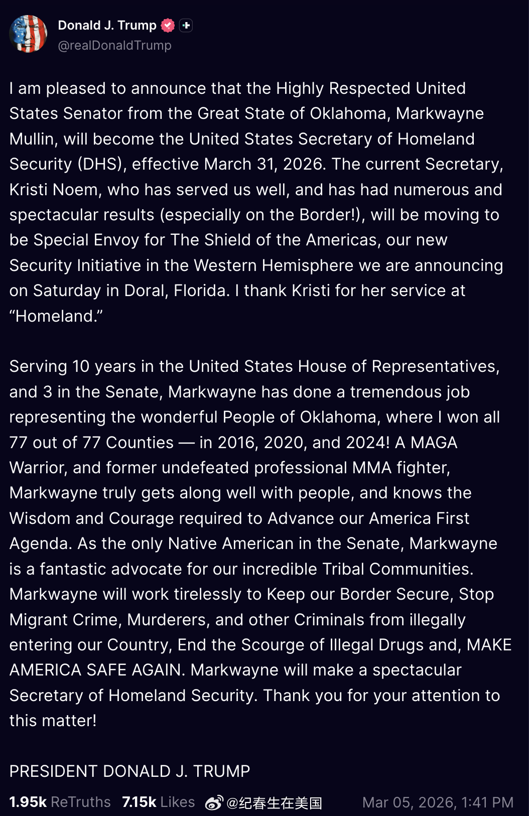 川普：“我很高兴宣布，来自伟大的俄克拉荷马州、备受尊敬的美国联邦参议员 Mark