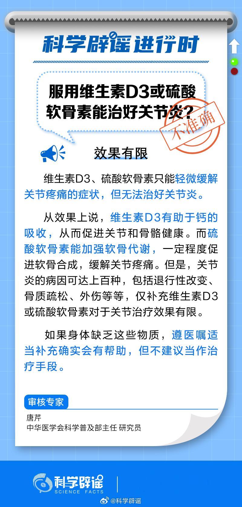 #科学辟谣进行时# 【服用#维生素D3或硫酸软骨素能治好关节炎吗#？】维生素D3