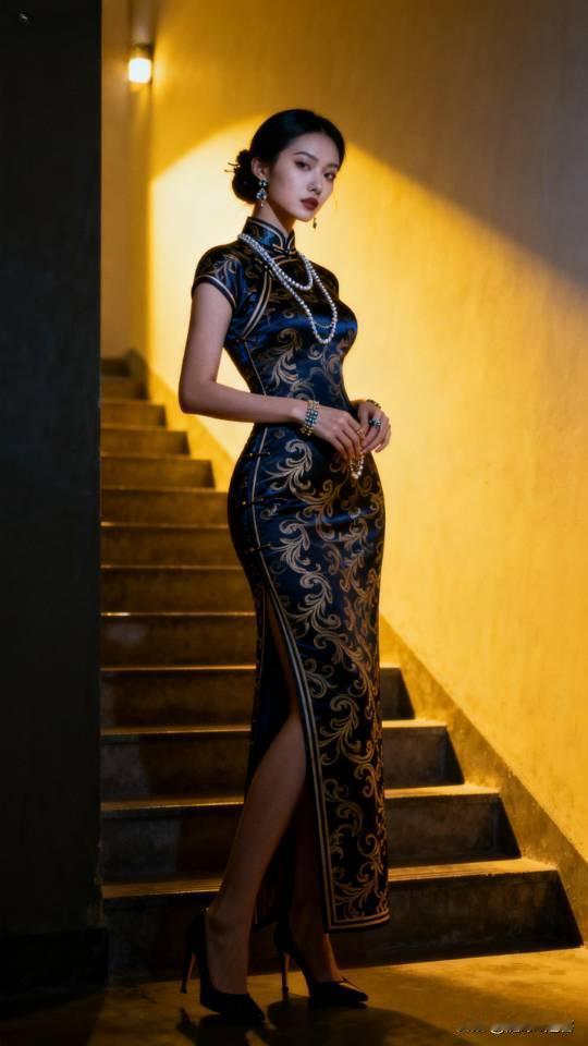 旗袍美女模特楼梯写真。旗袍 旗袍美女