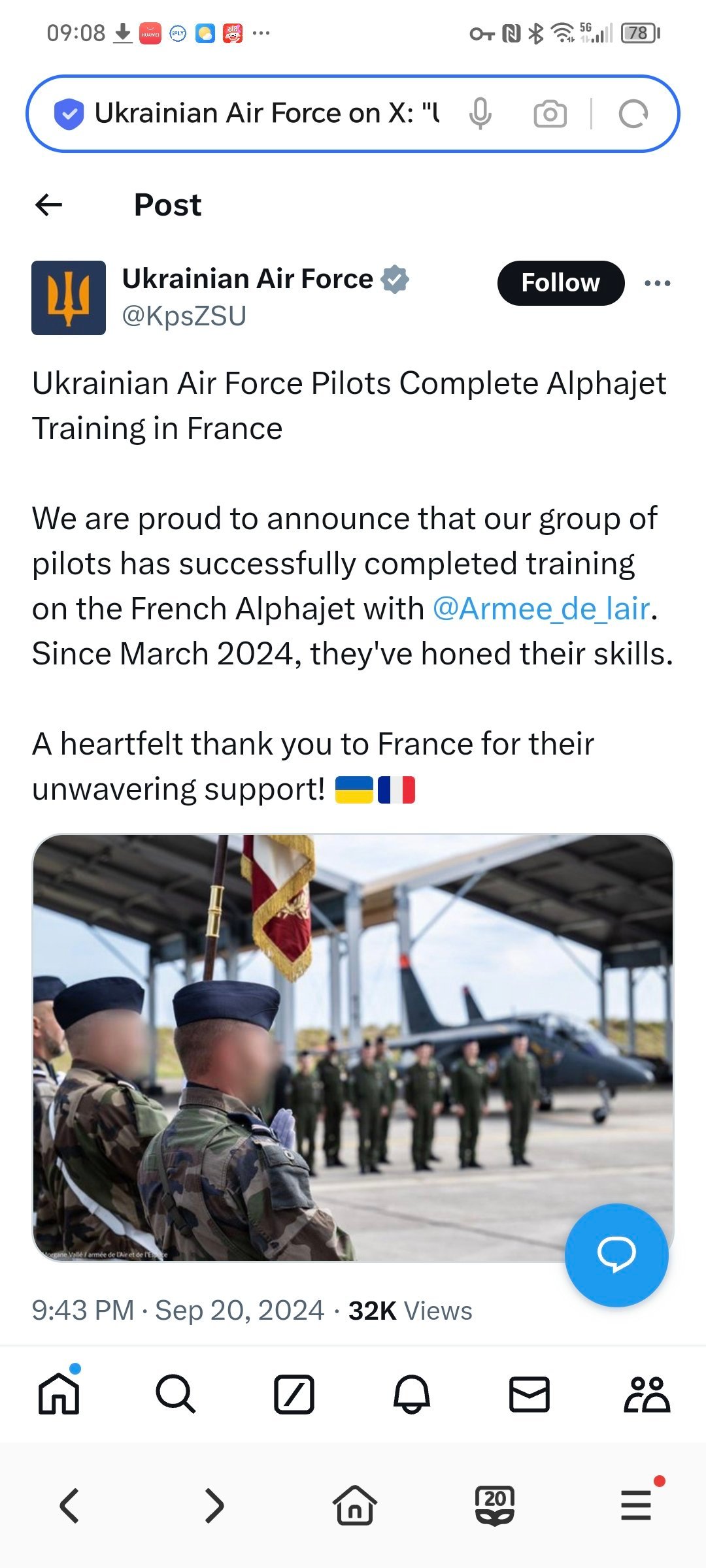 乌克兰官方推特账号：乌克兰空军飞行员在法国完成 