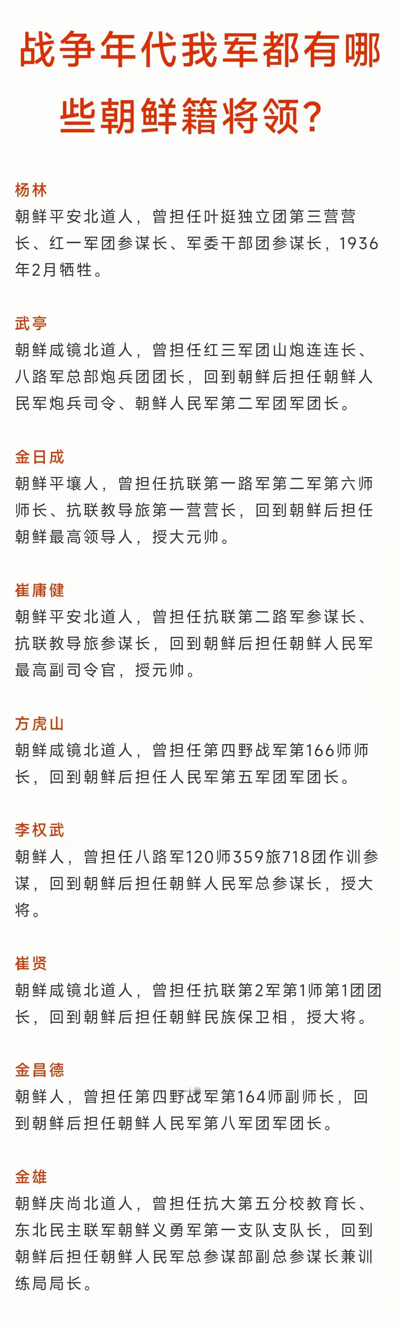 朝鲜大元帅金日成曾任东北抗联教导旅营长；
朝鲜元帅崔庸健曾任东北抗联教导旅参谋长