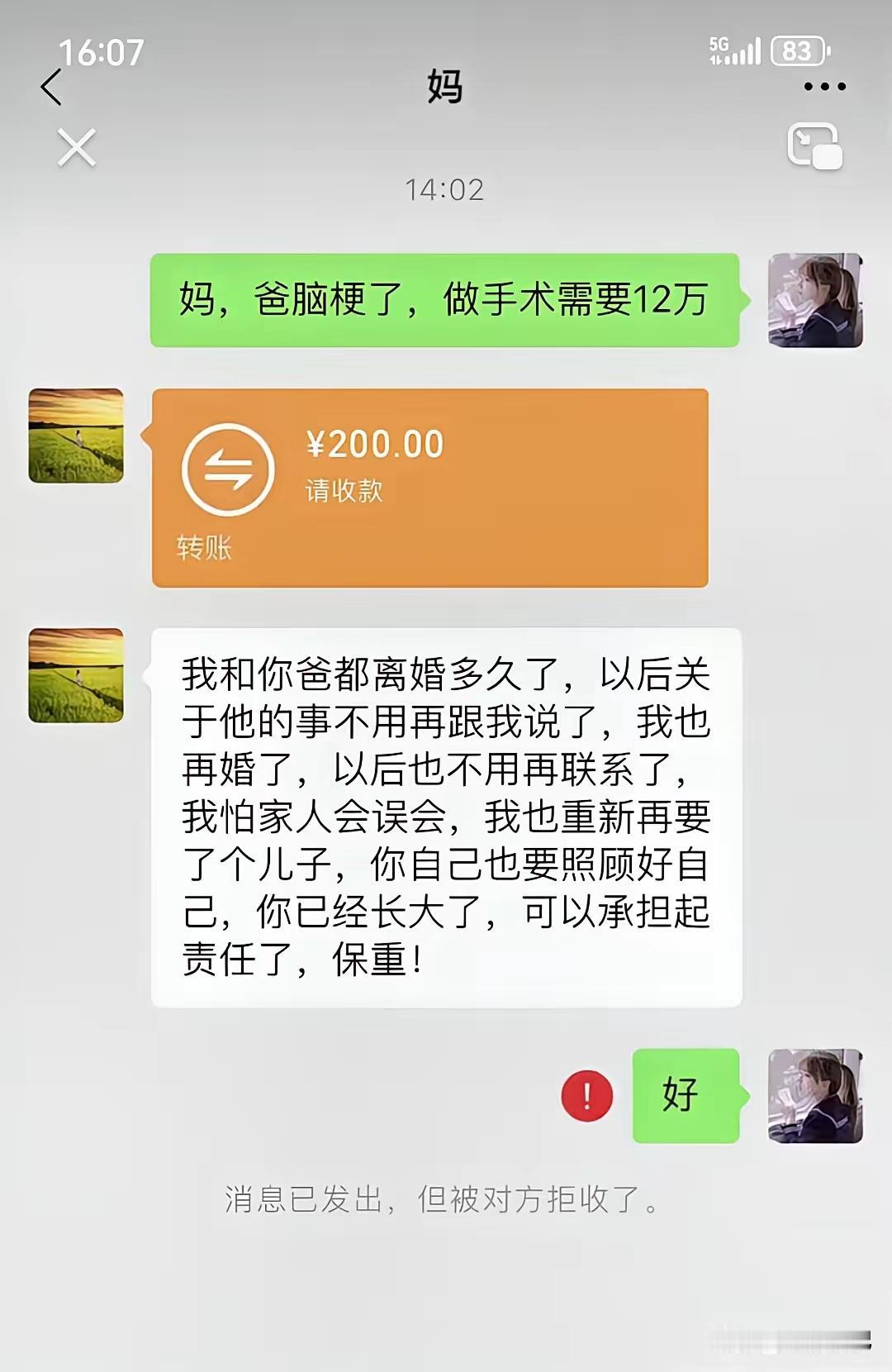 这母亲所言所行都没有错，唯一绝情的是她不该拉黑女儿的V信。