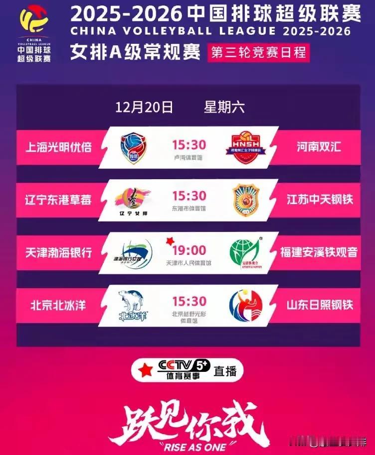 央视对天津女排实在是太好了！
排超联赛第三轮！
CCTV5+今晚直播天津女排和福