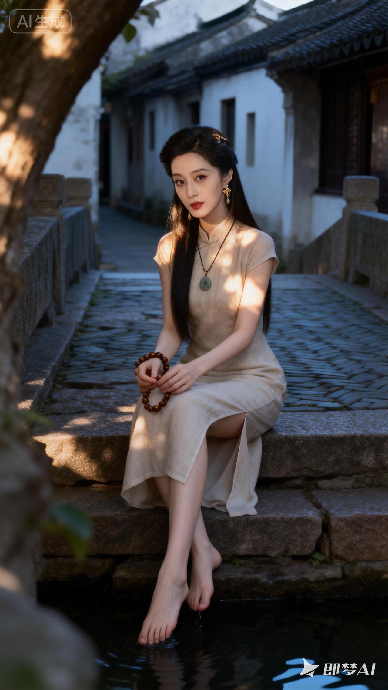古风少女坐于石阶，静享江南水乡的宁静与美丽。