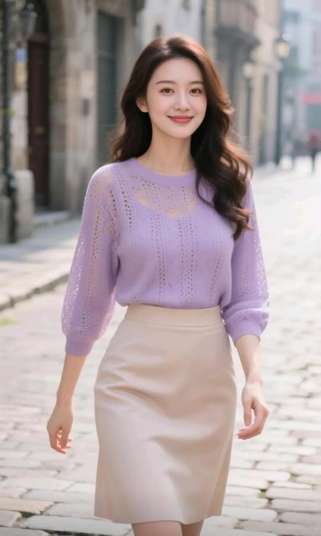 温柔紫色毛衣搭配米色短裙，元气满满的一天！🌸👗