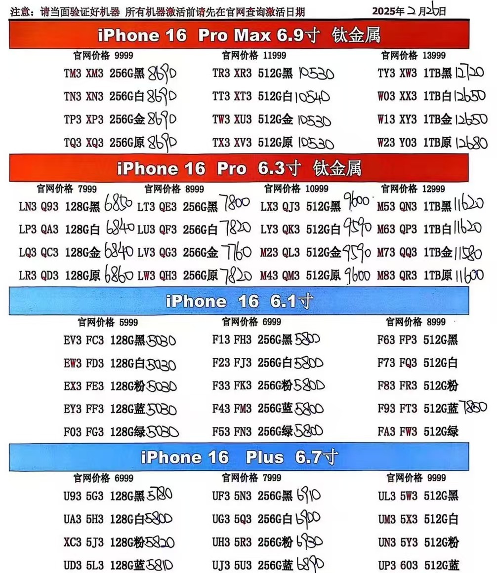 2月26日国行苹果手机系列价格更新，今天的16系列部分型号小跌一点点，正常浮动，