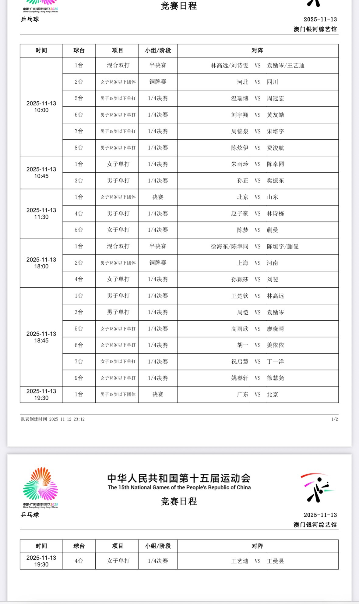 乒乓球项目11月13日赛程 