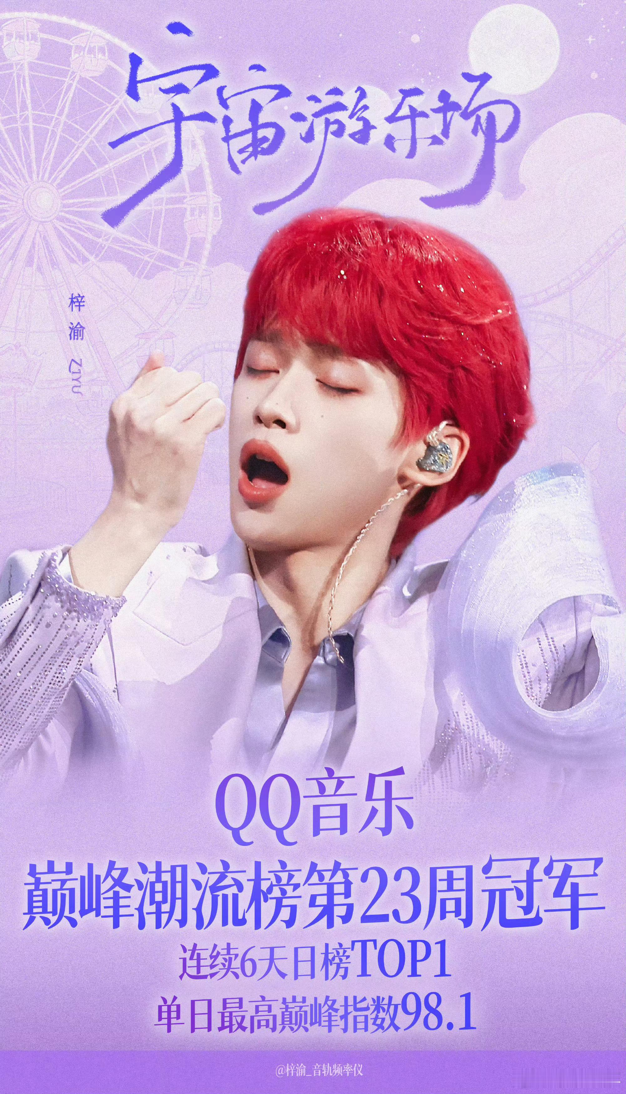 梓渝宇宙游乐场连续6天蝉联日榜TOP1梓渝新歌连续6天蝉联日榜TOP1巅峰指数直