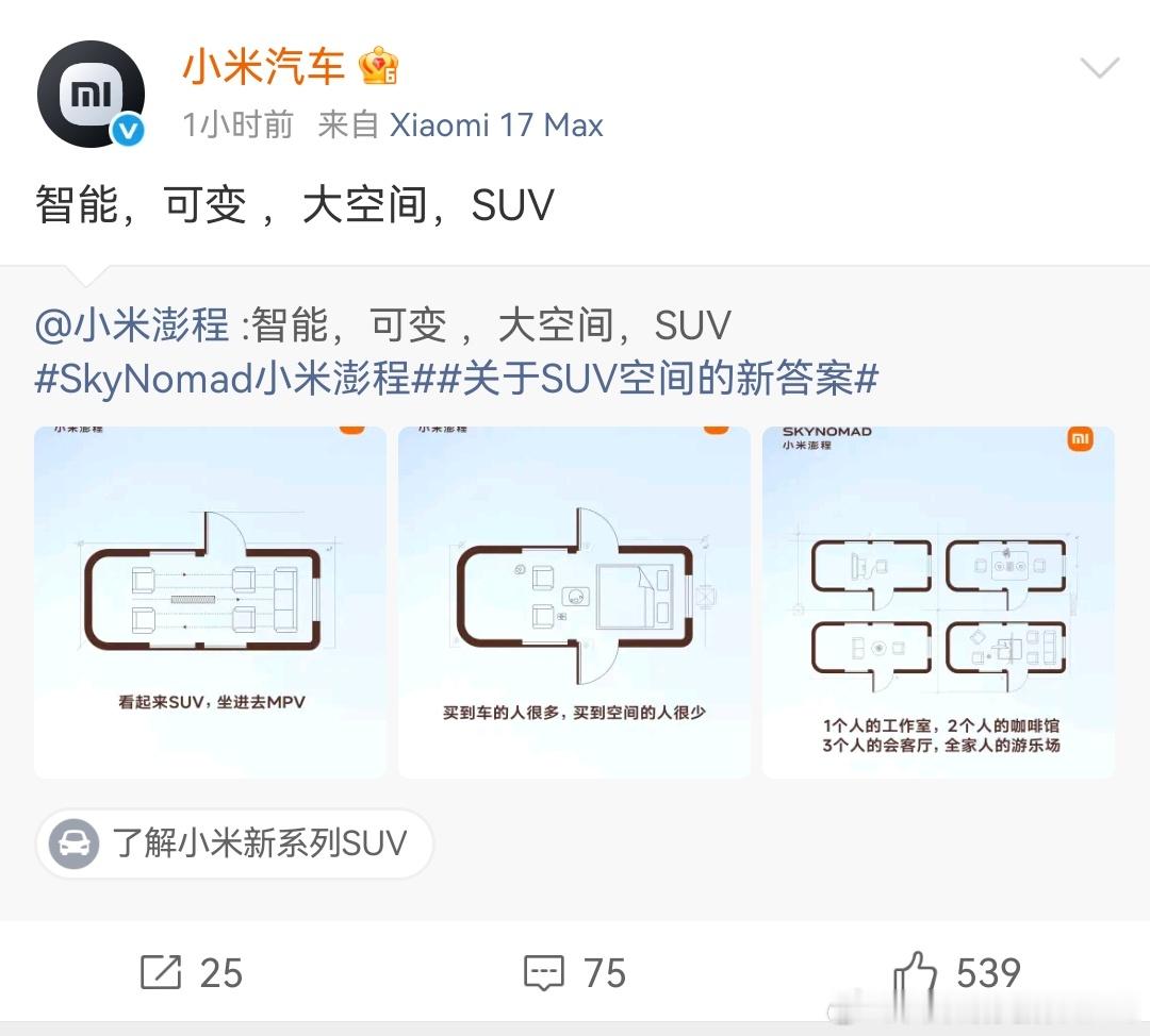 小米澎程刚发了组官图，看完第一反应——这是买车还是买房？三张图全是建筑平面图风格