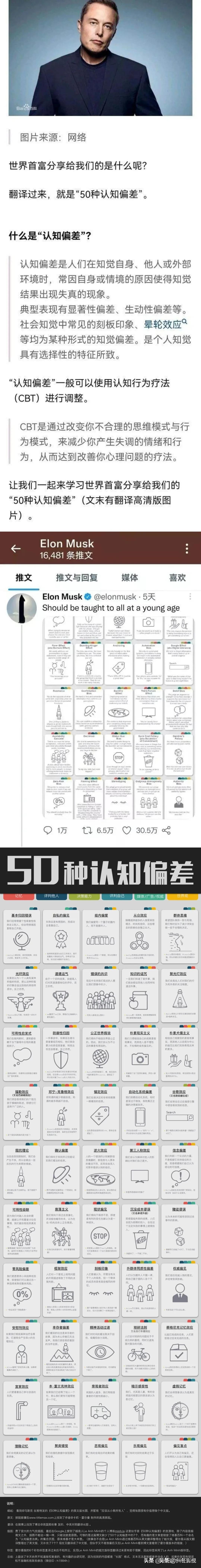 纯干货，滴水不含：首富马斯克建议所有人从小就该了解的“50个认知偏差”。特别提醒
