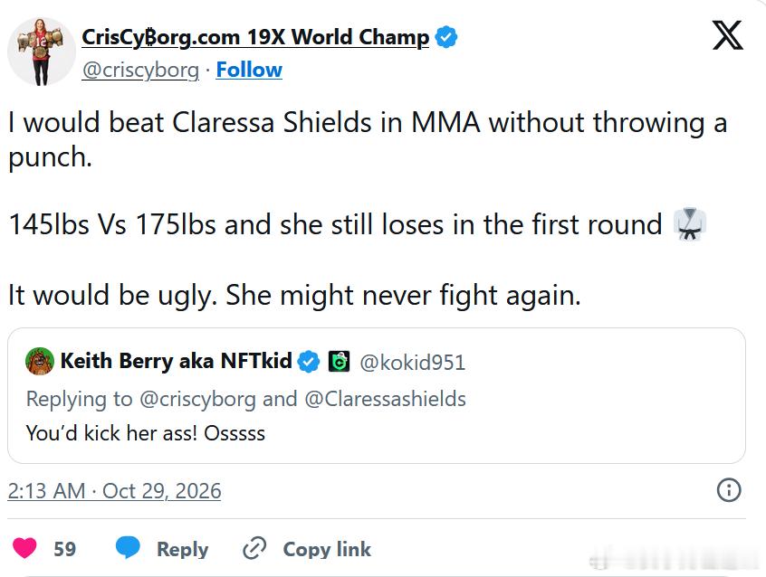 UFC 克里斯·赛博格（Cris Cyborg）称克拉雷莎·希尔兹（Clares