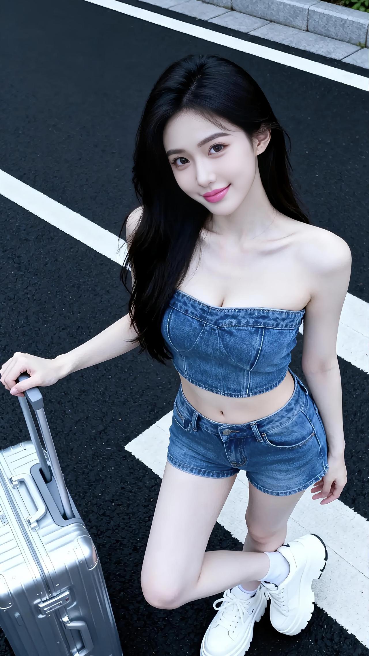 这姑娘打扮得真时尚，拎着行李箱出门了。随手拍张图，分享美好瞬间 挑行李女孩 时尚