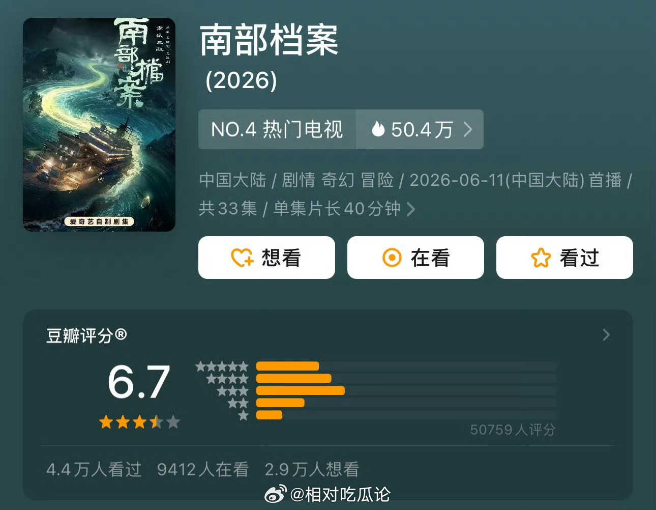 丁禹兮、张新成（按笔画顺序）《南部档案》豆瓣开分6.7分 