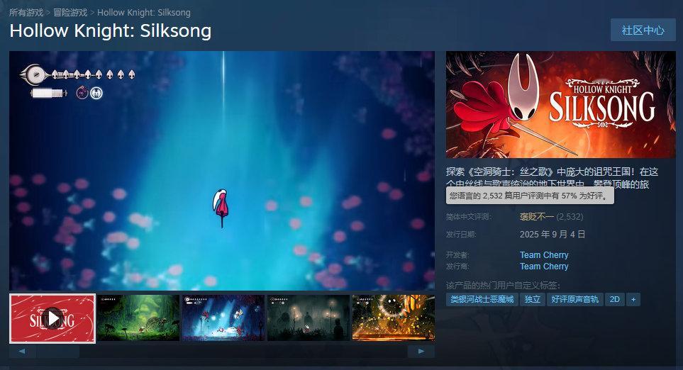 《空洞骑士 丝之歌》国区测评从发售首日的“好评如潮”变为“褒贬不一”，目前好评率