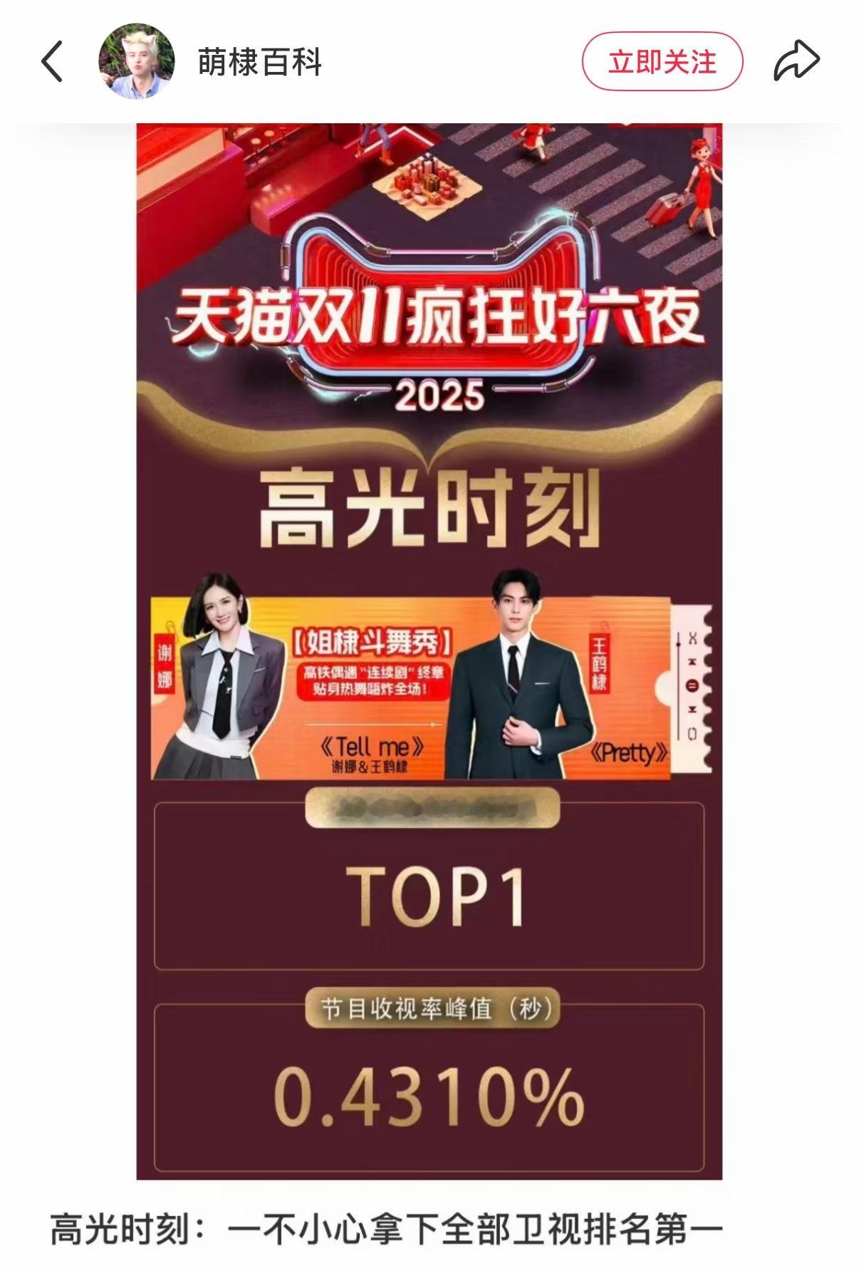 王鹤棣谢娜tellme舞台全部卫视节目排名第一 